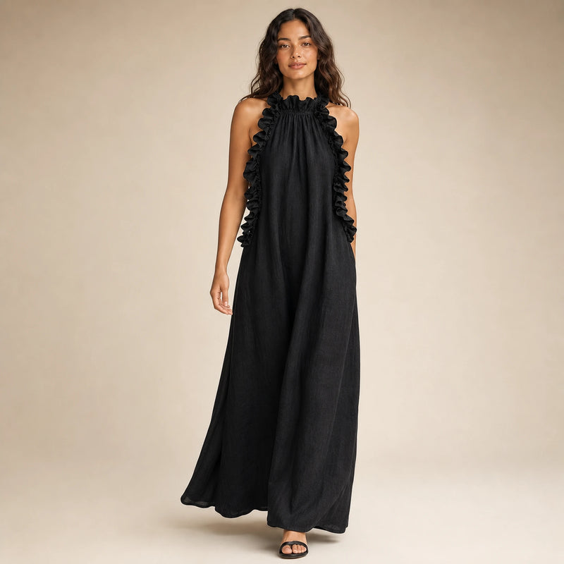 SOFAINE-V5-2026-07-07 Sofaine Iris ruffle-halter linen maxi dress in Black, styled full look