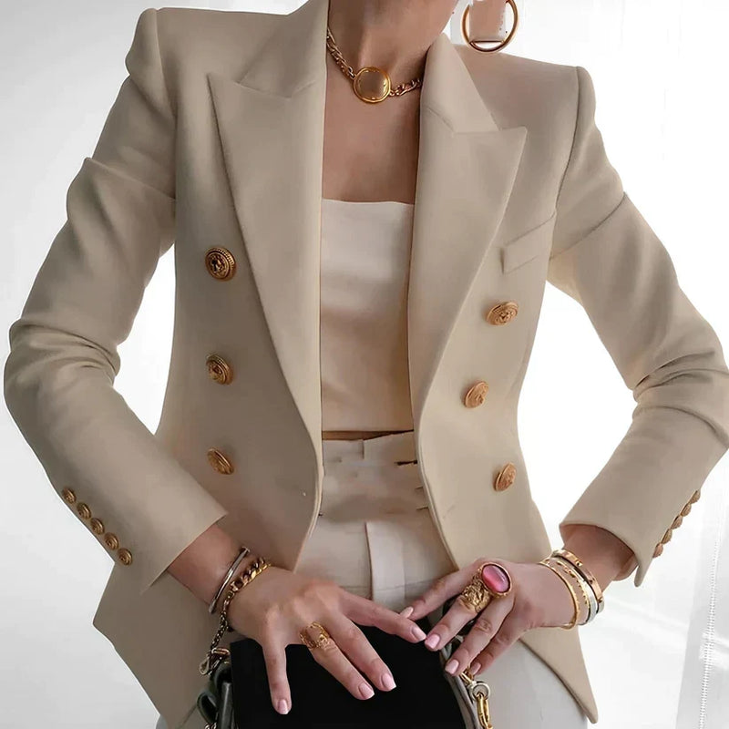 Birgit | Dobbeltradet blazer i Beige, forfra
