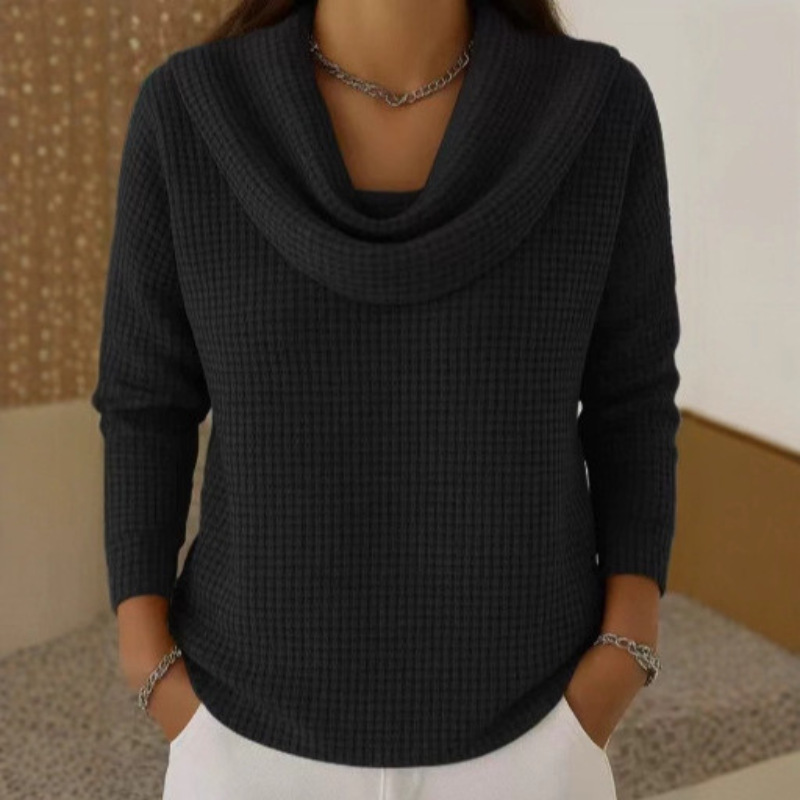 Waffle Knit Cowl Neck Sweater for Women with Long Sleeves and Curved Hem in Black, front view