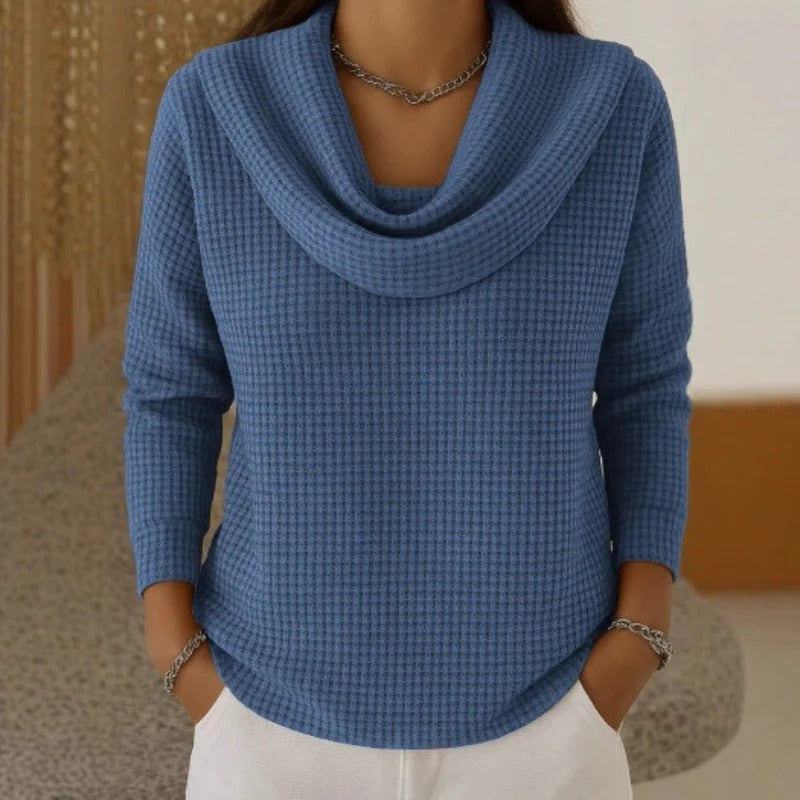 Waffle Knit Cowl Neck Sweater for Women with Long Sleeves and Curved Hem in Blue, front view