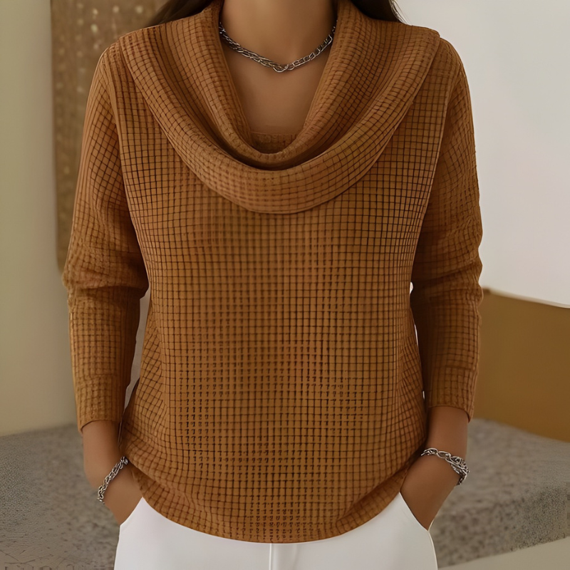Waffle Knit Cowl Neck Sweater for Women with Long Sleeves and Curved Hem in Caramel Brown, front view