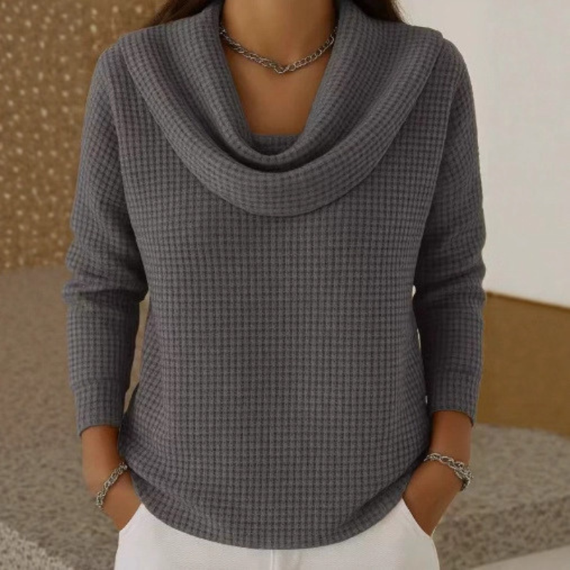 Waffle Knit Cowl Neck Sweater for Women with Long Sleeves and Curved Hem in Gray, front view
