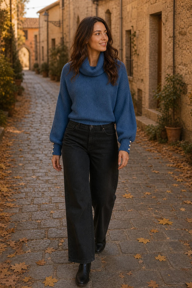 Ivory | Rullekravesweater med Knapmanchet i Blå, gadelook