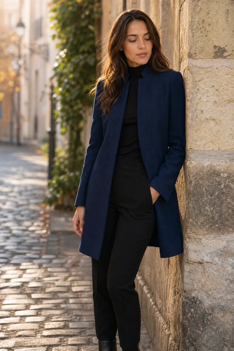 SOFAINE-V7-LIFE-Cordelia | Wool-Feel Overcoat in Blue, street-style view