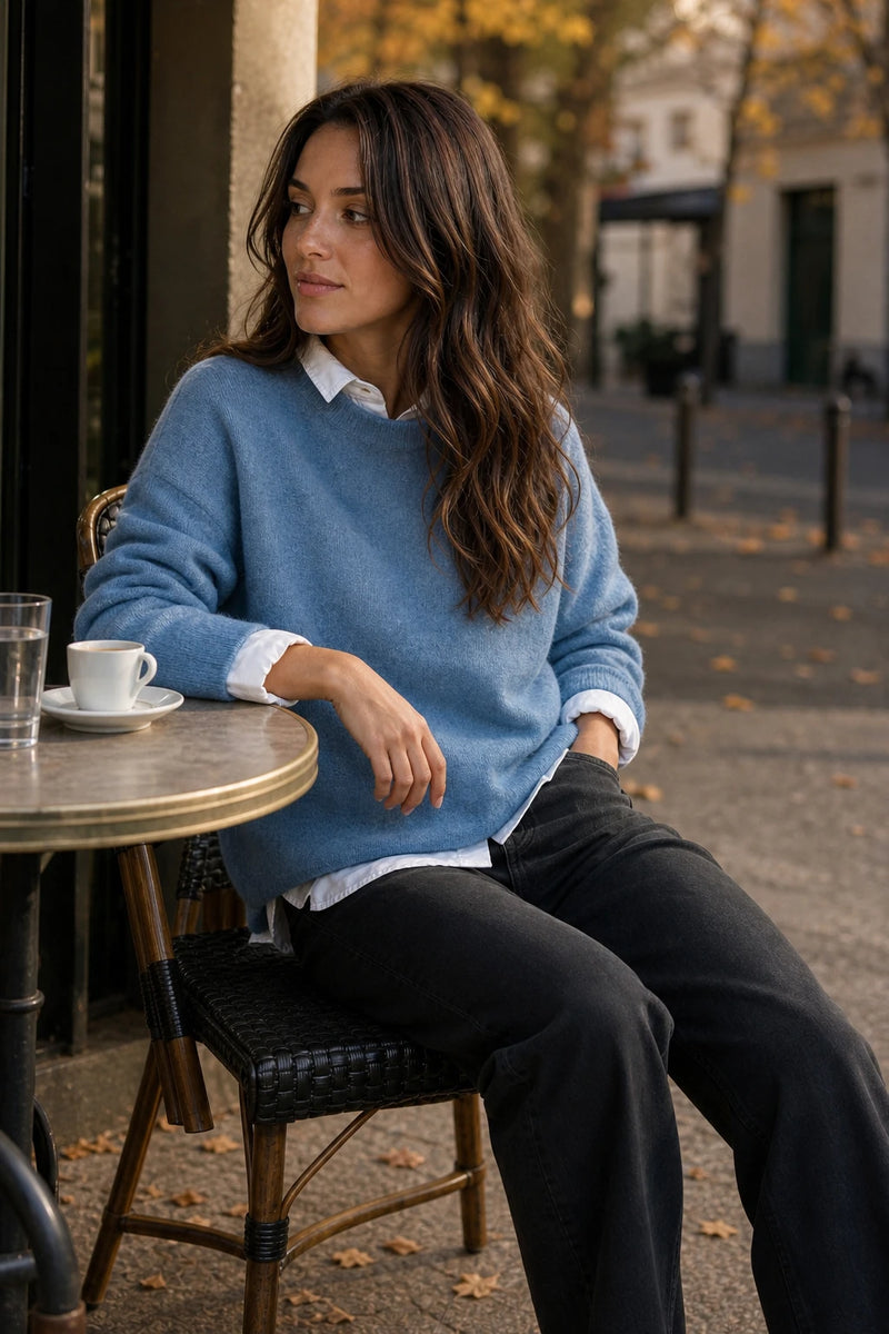 SOFAINE-V7-LIFE-Opal | Cashmere-Feel Knit Sweater in Blue, café scene