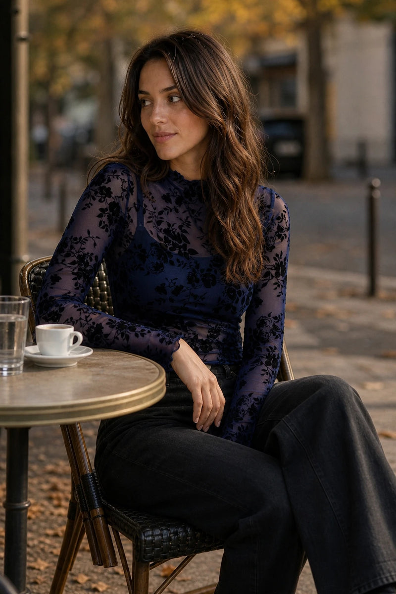 SOFAINE-V7-LIFE-Drew | Mesh Turtleneck Top in Blue, café scene