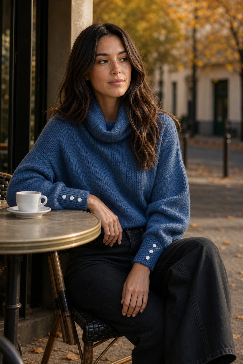 SOFAINE-V7-LIFE-Ivory | Button-Cuff Turtleneck Sweater in Blue, café scene