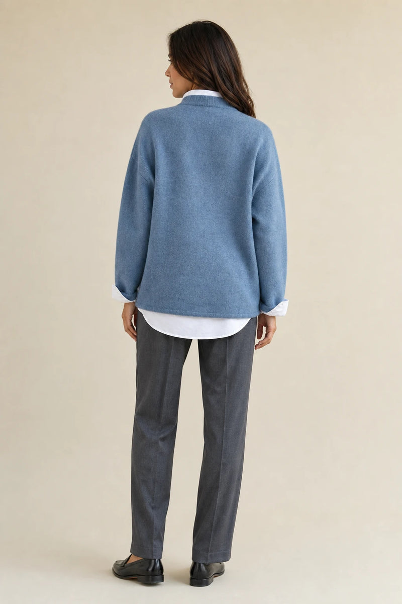 Opal | Cashmere-Feel Knit Sweater in Blue, studio back view