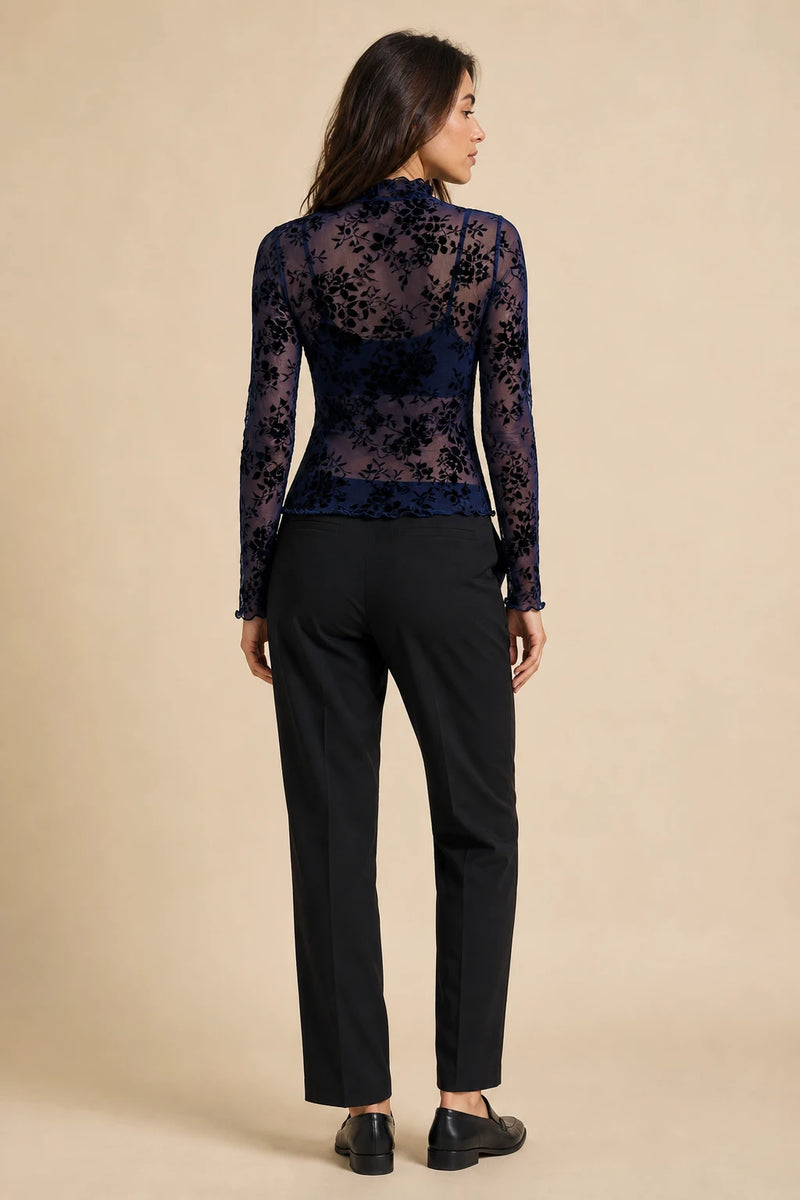 Drew | Mesh Turtleneck Top in Blue, studio back view