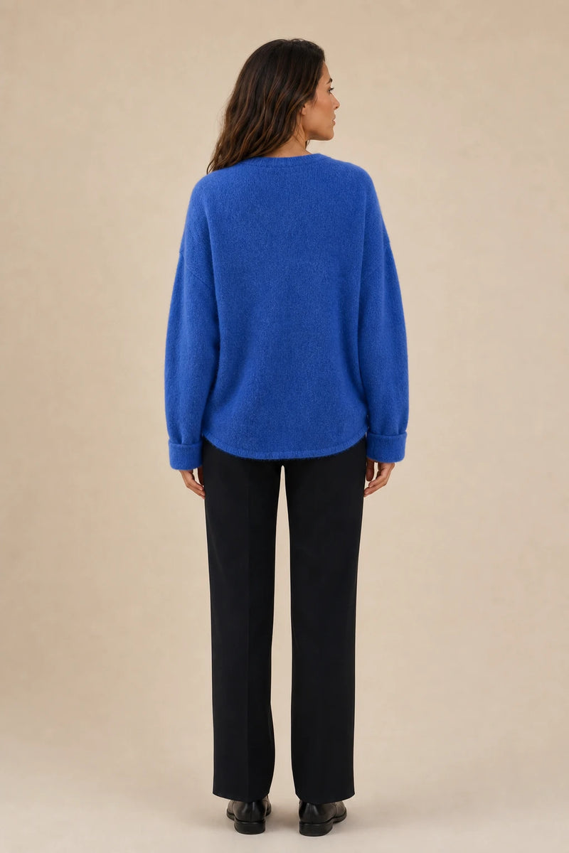 Ramona | Button-Front Cardigan in Blue, studio back view
