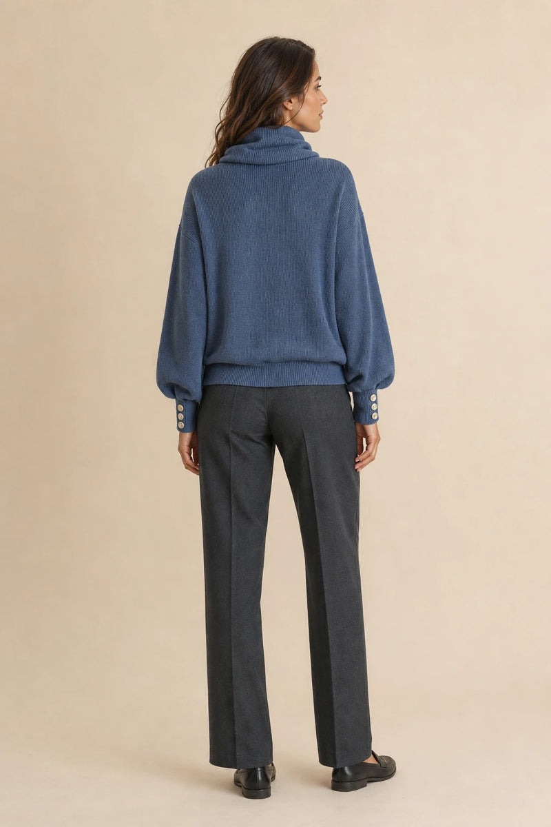 Ivory | Button-Cuff Turtleneck Sweater in Blue, studio back view