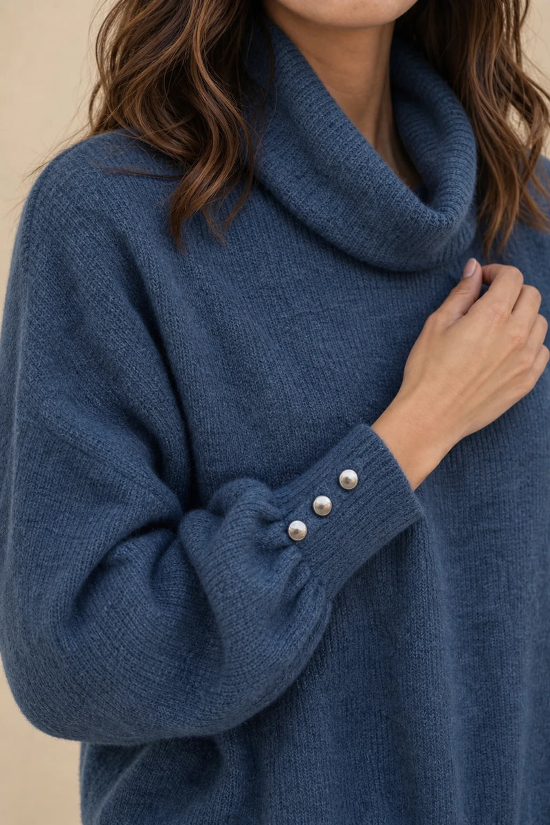 Ivory | Button-Cuff Turtleneck Sweater in Blue, fabric close-up