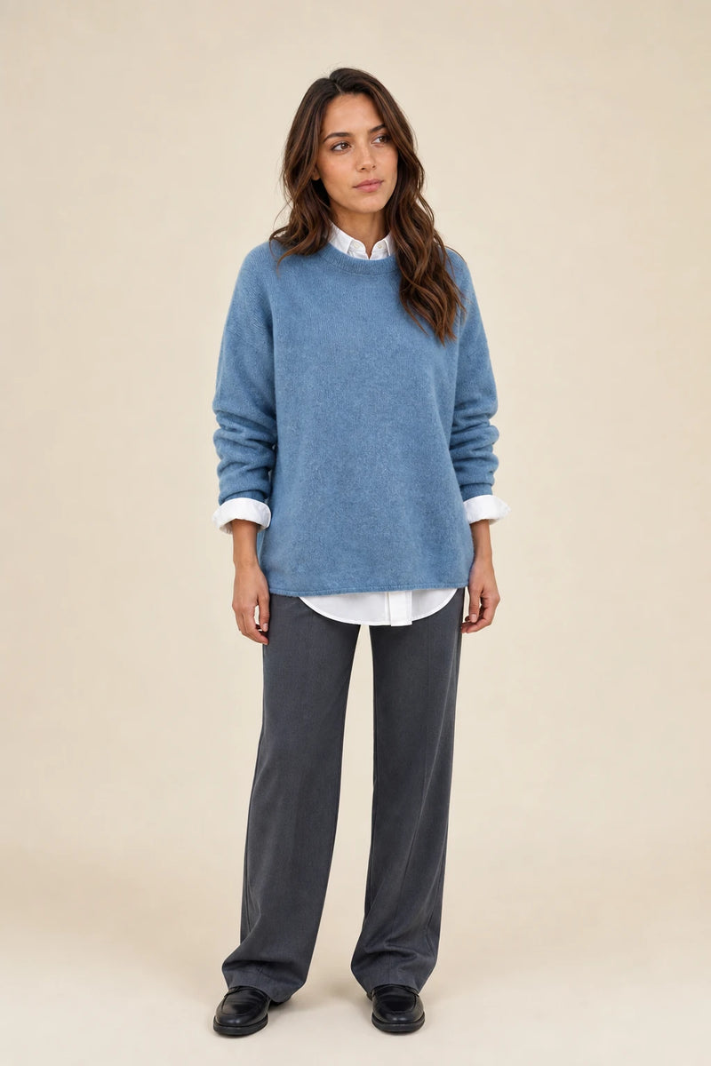 Opal | Cashmere-Feel Knit Sweater in Blue, studio front view
