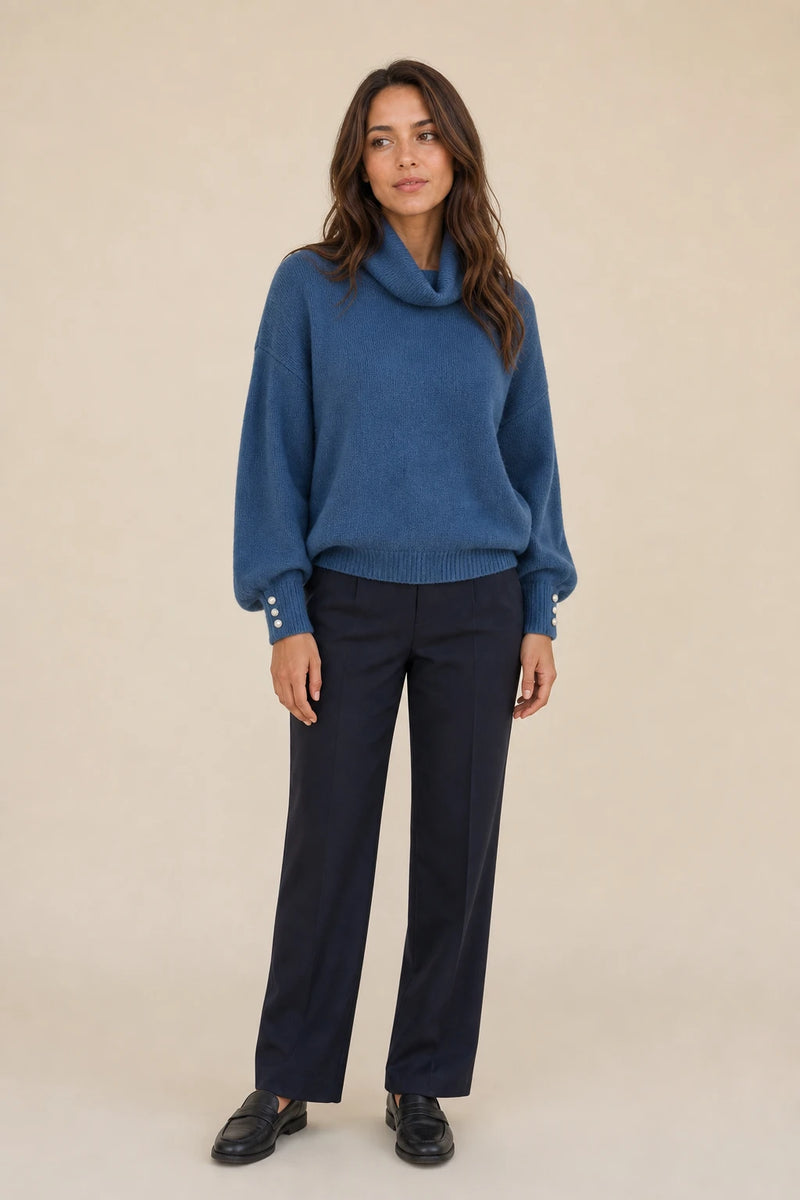 Ivory | Button-Cuff Turtleneck Sweater in Blue, studio front view