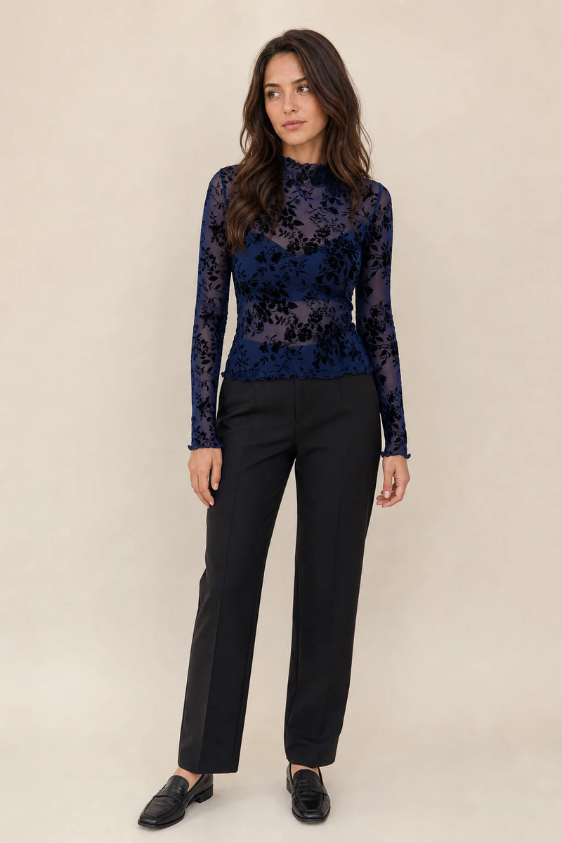Drew | Mesh Turtleneck Top in Blue, studio front view