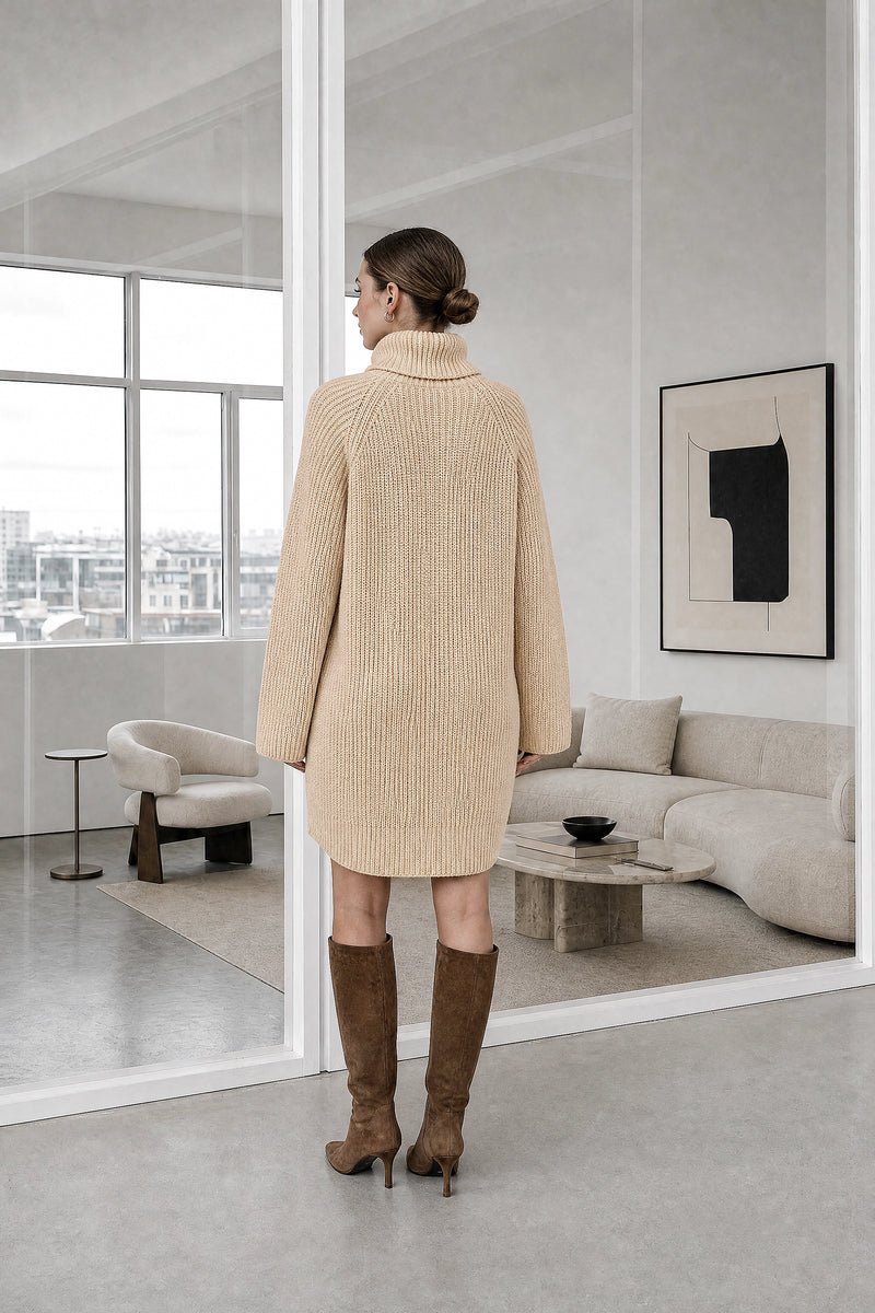 Blythe | Ribbed Turtleneck Dress in Apricot, studio back view