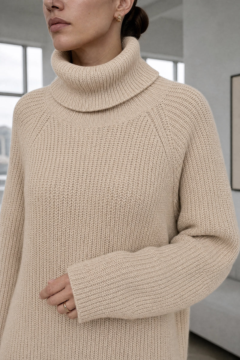 Blythe | Ribbed Turtleneck Dress in Apricot, fabric close-up