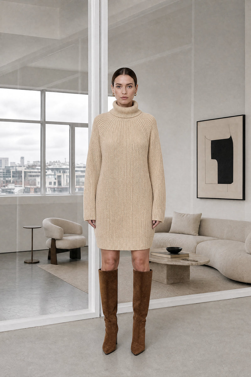 Blythe | Ribbed Turtleneck Dress in Apricot, studio front view