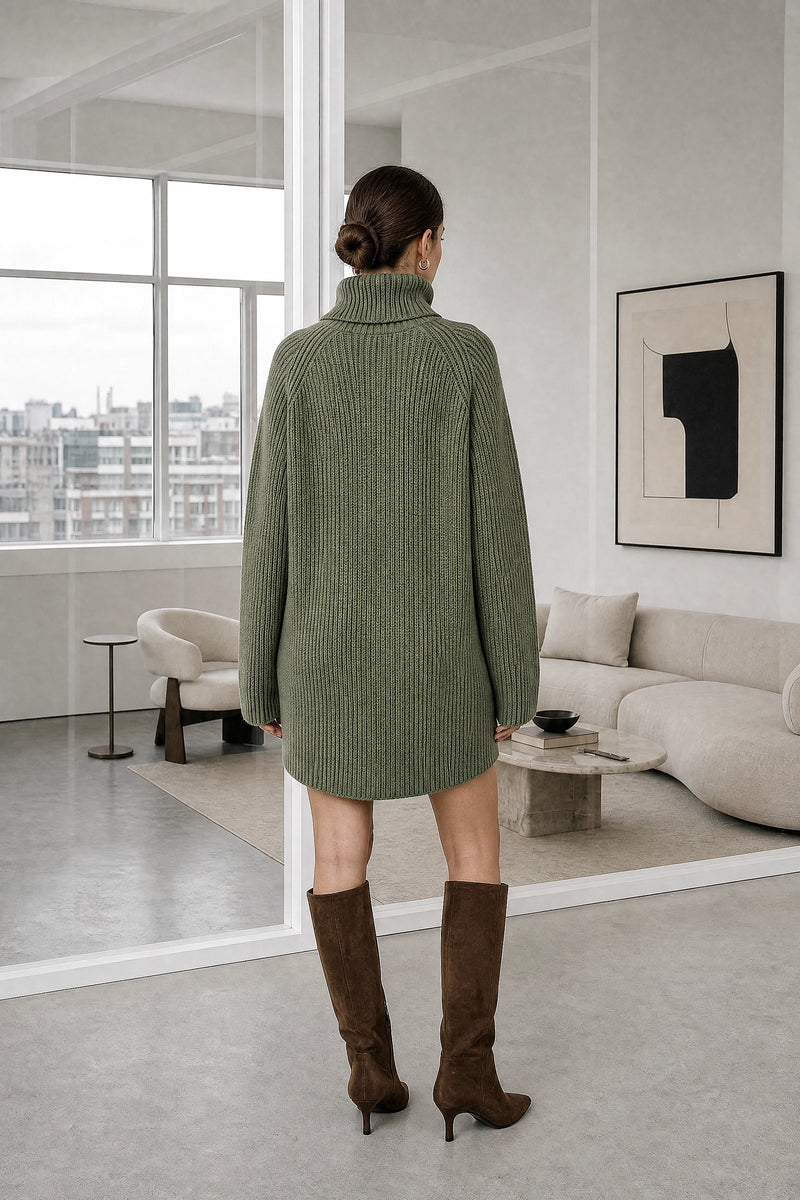 Blythe | Ribbed Turtleneck Dress in Army Green, studio back view