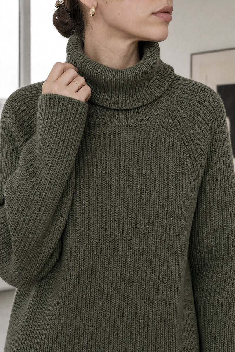 Blythe | Ribbed Turtleneck Dress in Army Green, fabric close-up