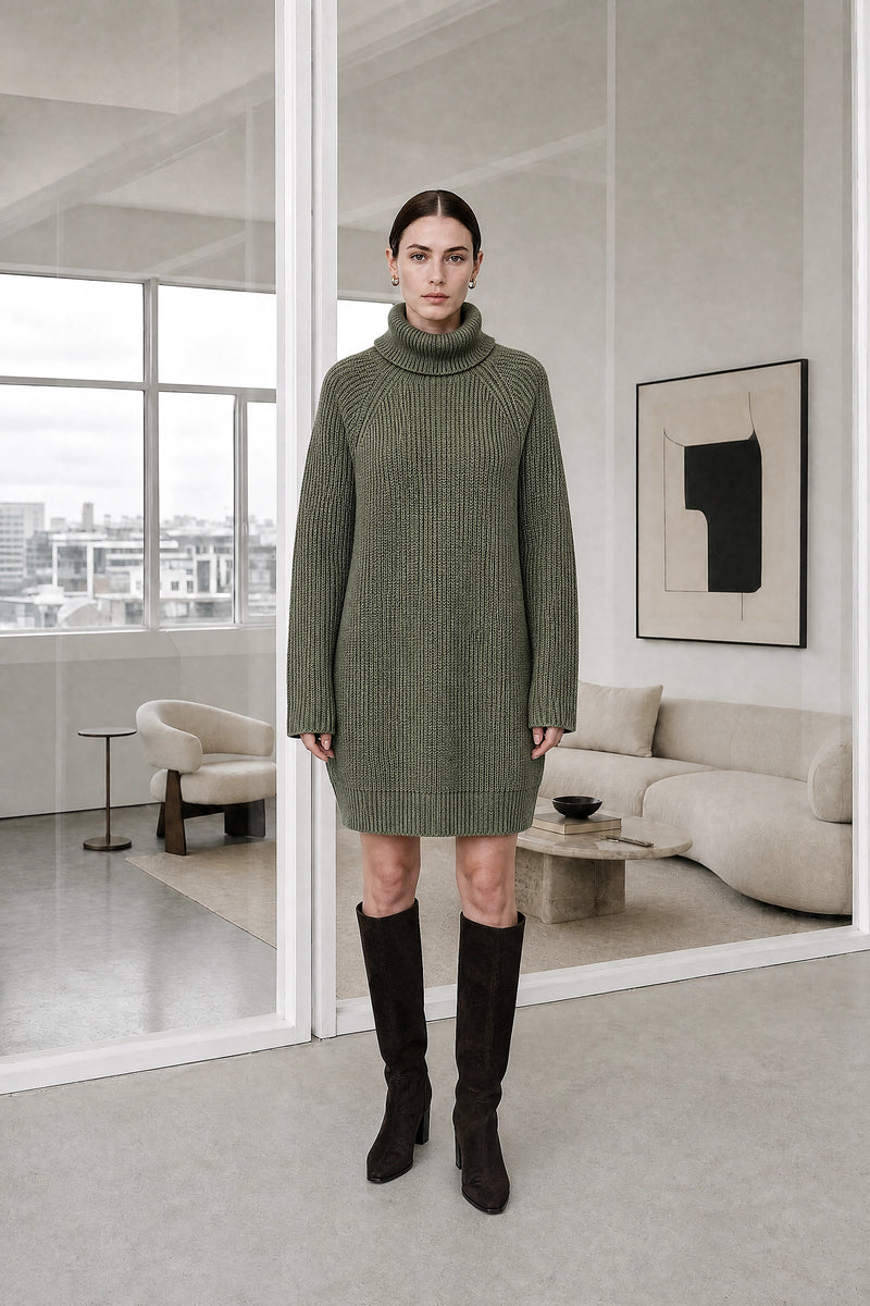Blythe | Ribbed Turtleneck Dress in Army Green, studio front view