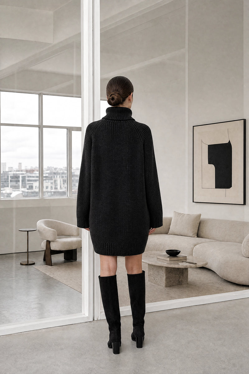 Blythe | Ribbed Turtleneck Dress in Black, studio back view