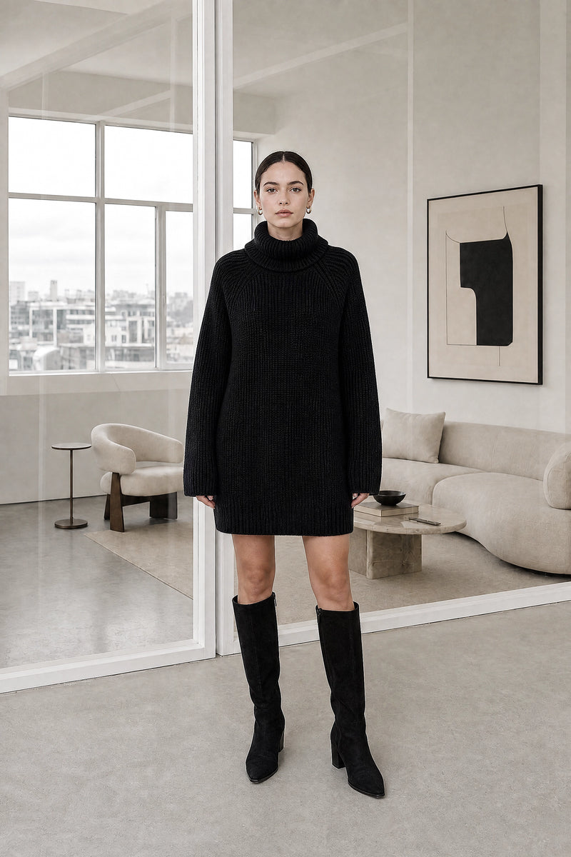 Blythe | Ribbed Turtleneck Dress in Black, studio front view