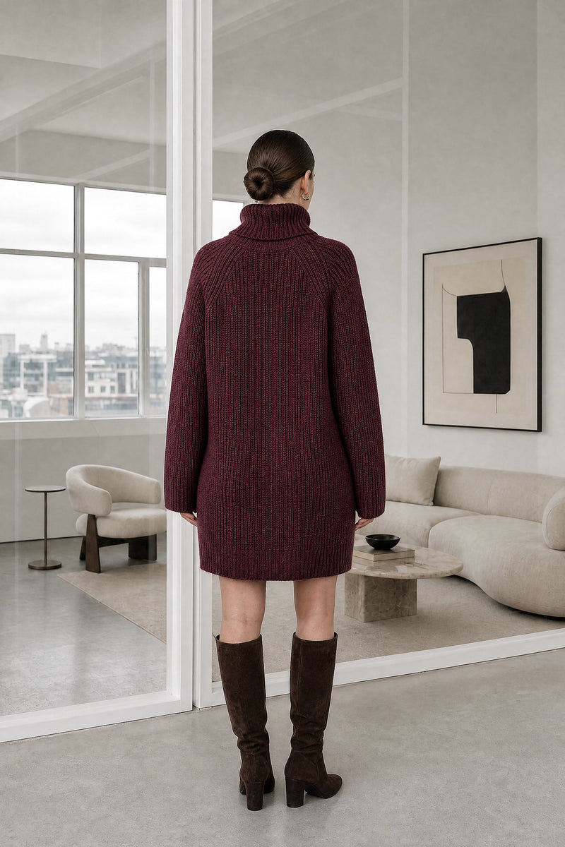 Blythe | Ribbed Turtleneck Dress in Burgundy, studio back view