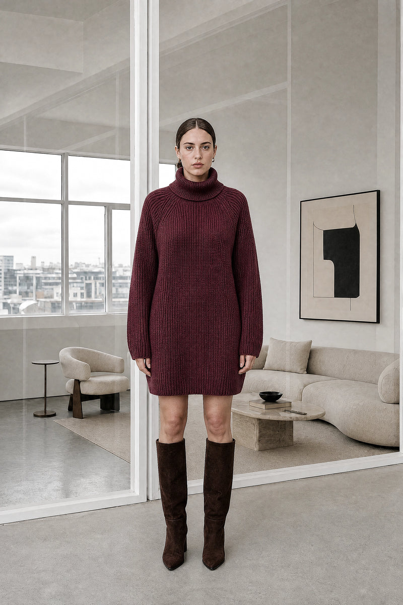 Blythe | Ribbed Turtleneck Dress in Burgundy, studio front view