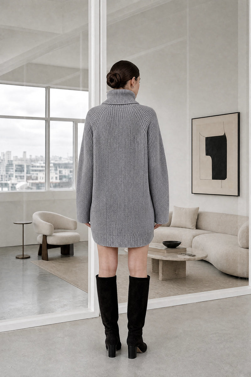 Blythe | Ribbed Turtleneck Dress in Gray, studio back view