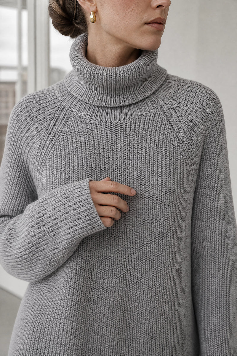 Blythe | Ribbed Turtleneck Dress in Gray, fabric close-up