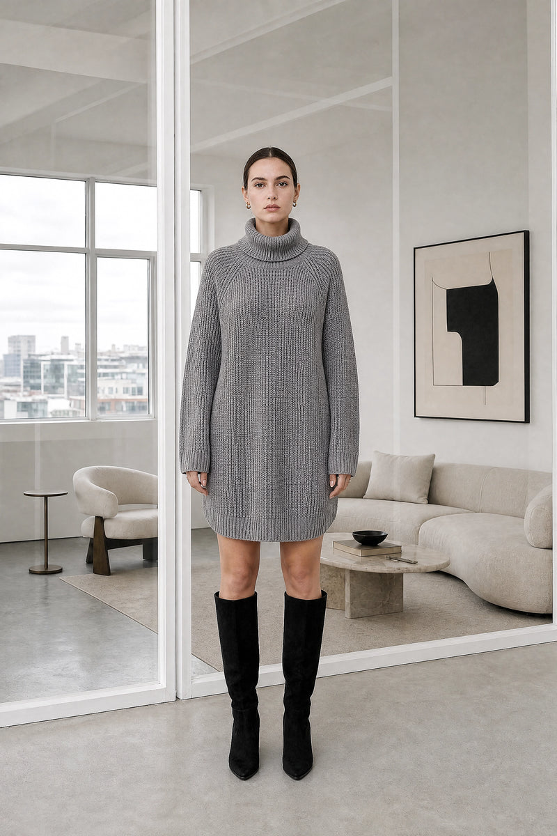 Blythe | Ribbed Turtleneck Dress in Gray, studio front view