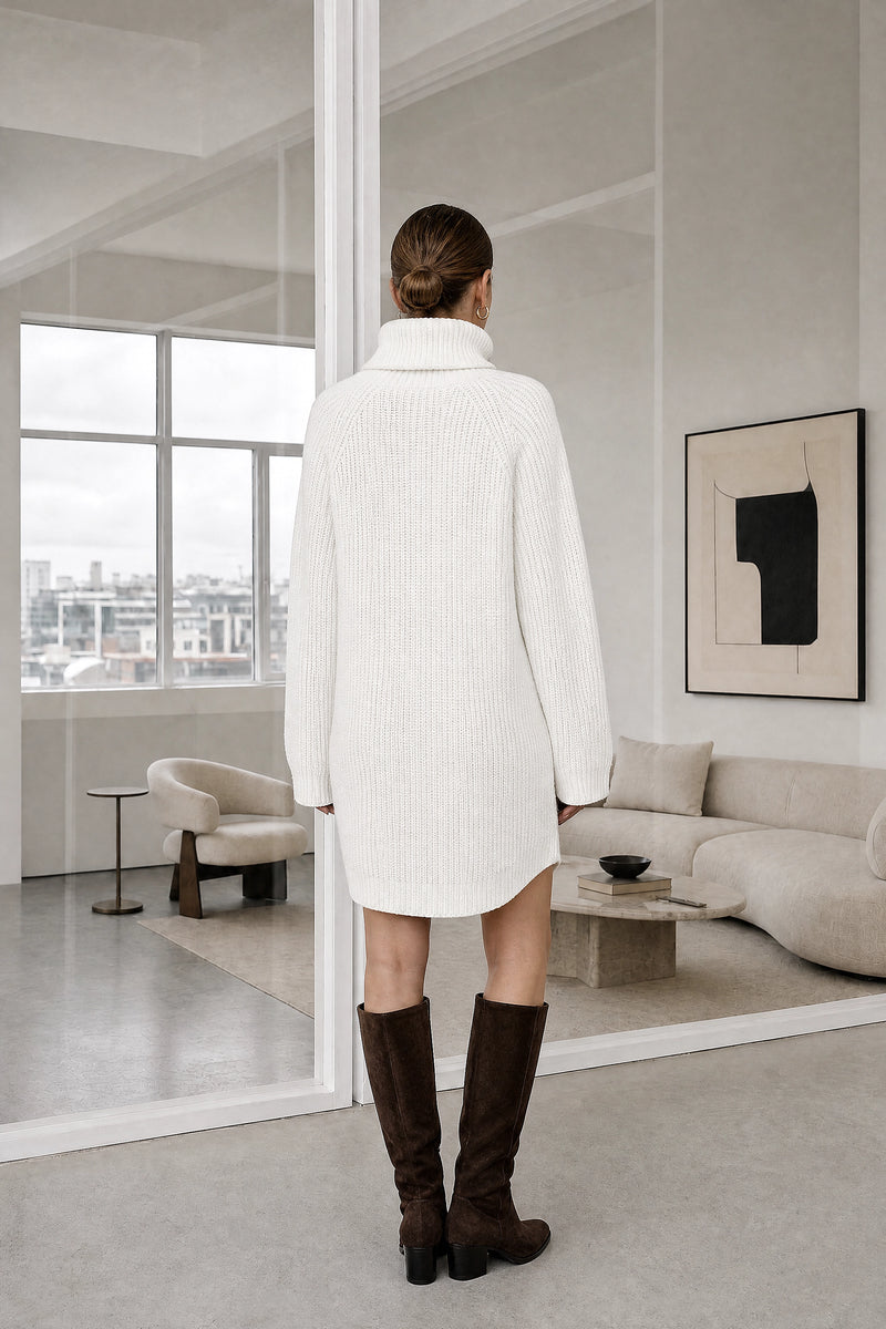 Blythe | Ribbed Turtleneck Dress in White, studio back view