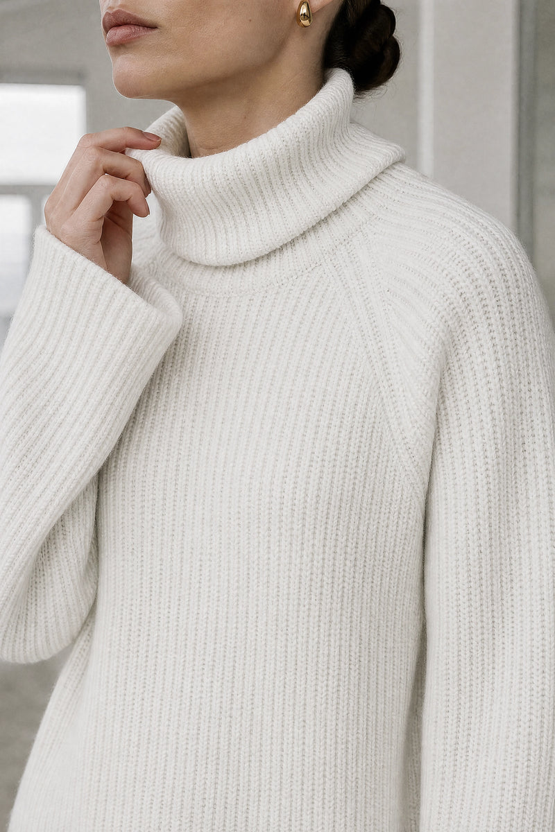 Blythe | Ribbed Turtleneck Dress in White, fabric close-up