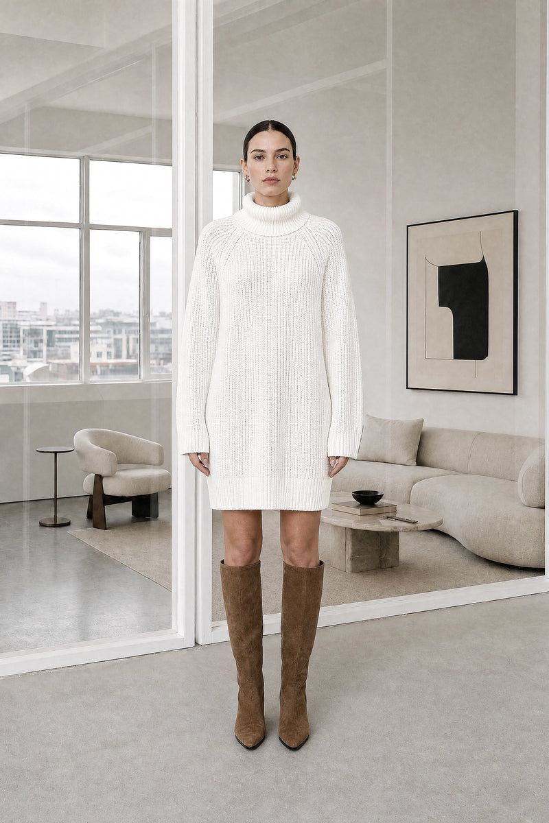 Blythe | Ribbed Turtleneck Dress in White, studio front view