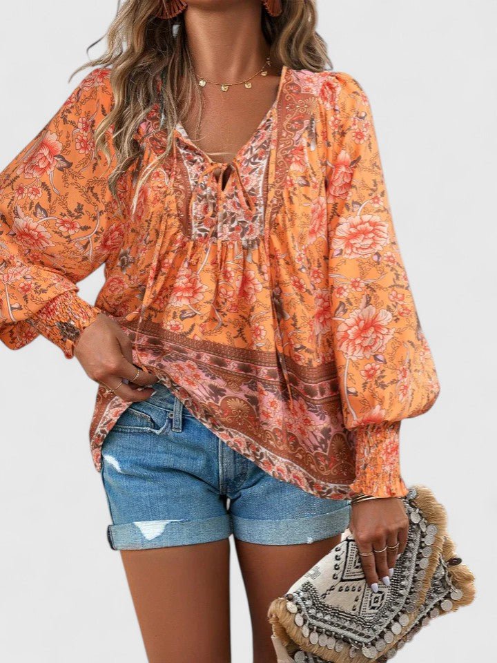 Sofia | Boho bluse med print, bagfra