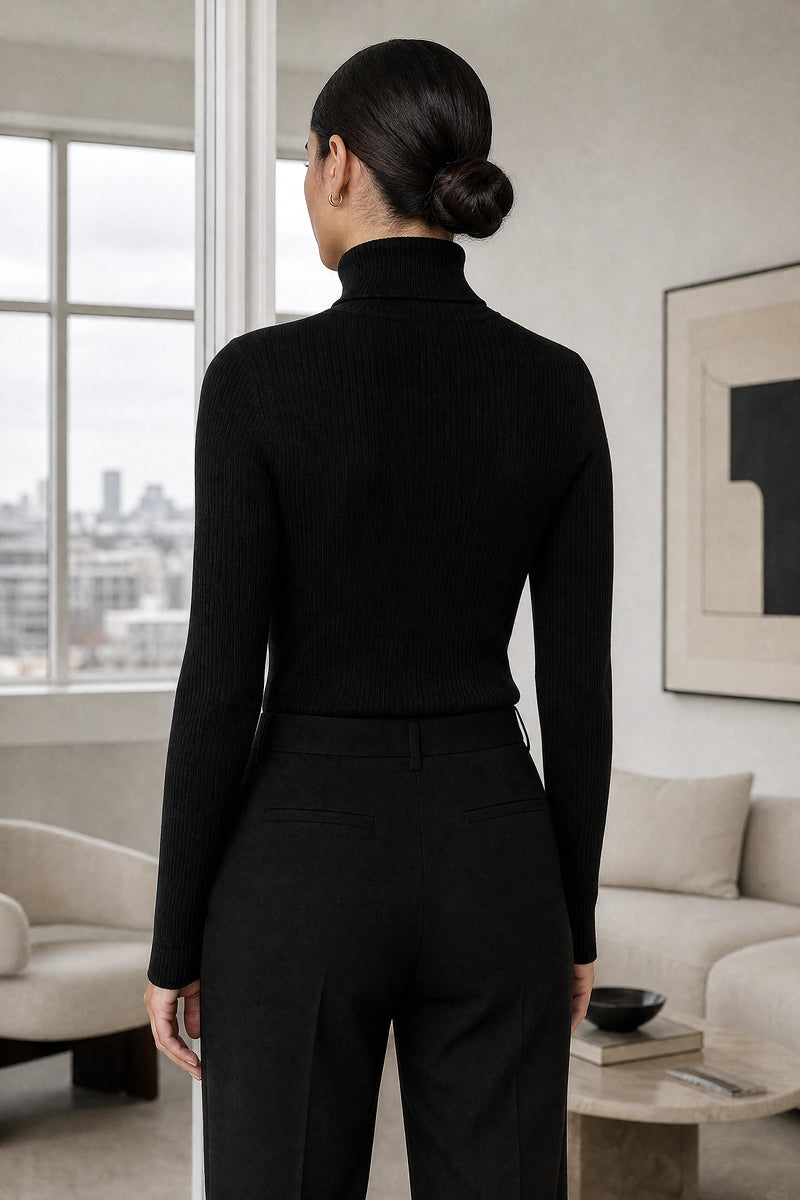 Bonnie | Ribbed Turtleneck Sweater in Black, studio back view