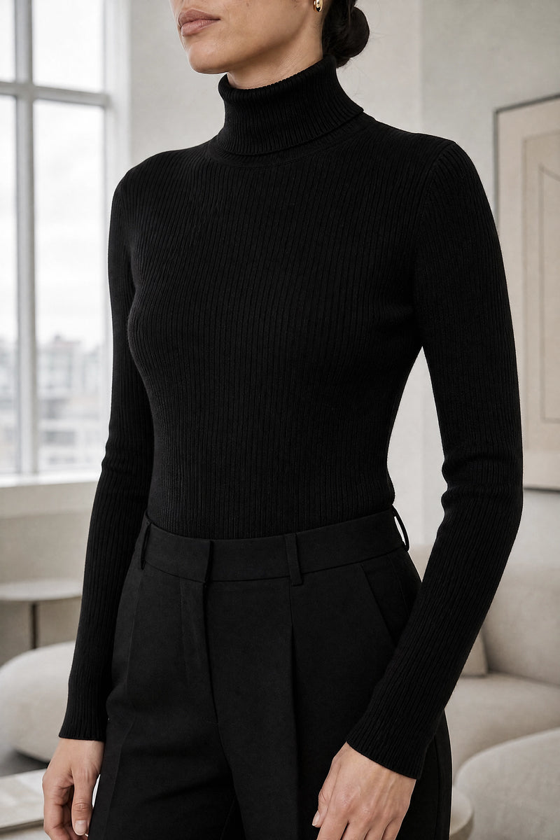 Bonnie | Ribbed Turtleneck Sweater in Black, fabric close-up