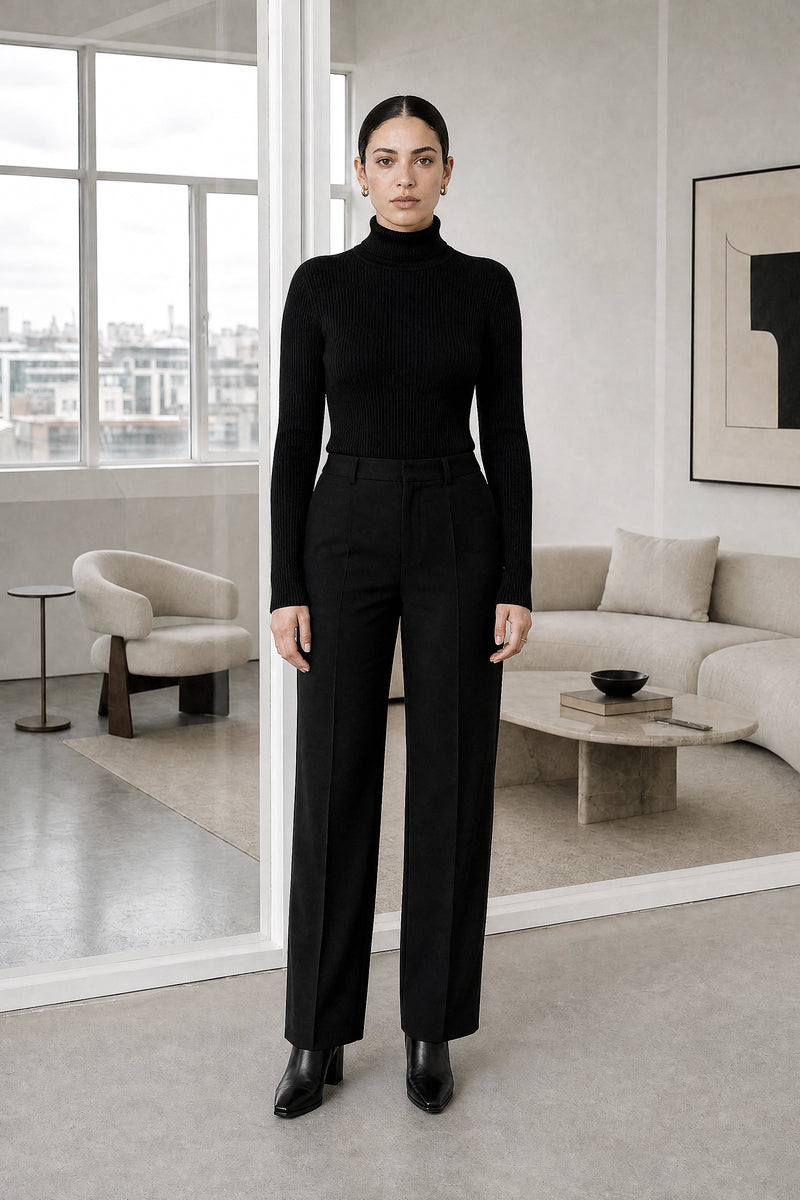 Bonnie | Ribbed Turtleneck Sweater in Black, studio front view