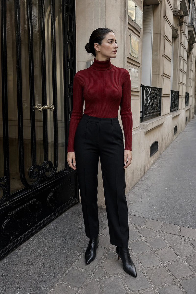 SOFAINE-V7-LIFE-Bonnie | Ribbed Turtleneck Sweater in Brick Red, street-style view