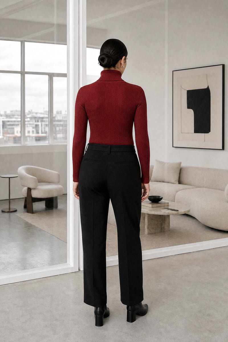 Bonnie | Ribbed Turtleneck Sweater in Brick Red, studio back view