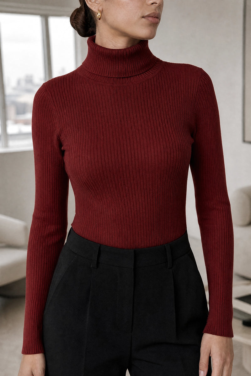 Bonnie | Ribbed Turtleneck Sweater in Brick Red, fabric close-up
