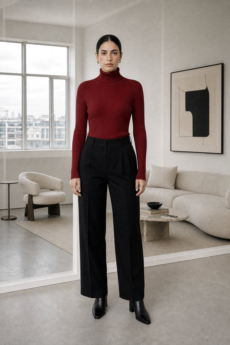 Bonnie | Ribbed Turtleneck Sweater in Brick Red, studio front view