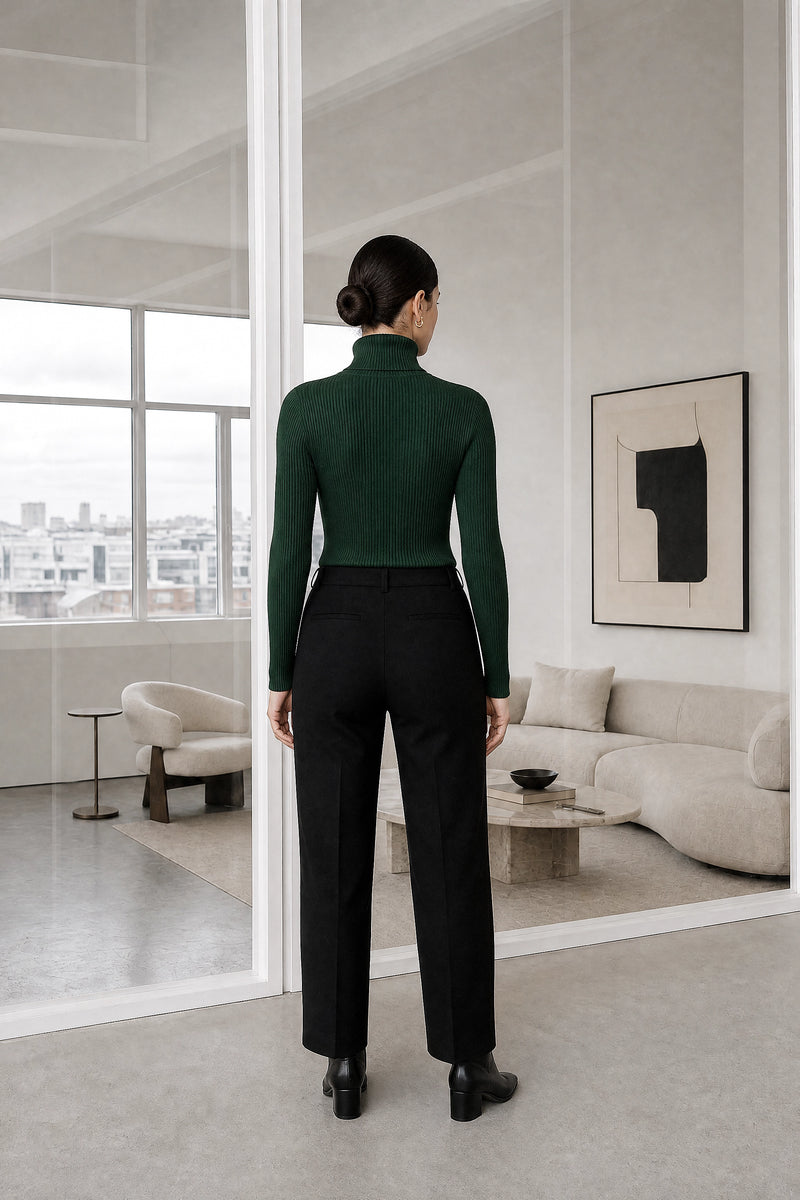 Bonnie | Ribbed Turtleneck Sweater in Green, studio back view