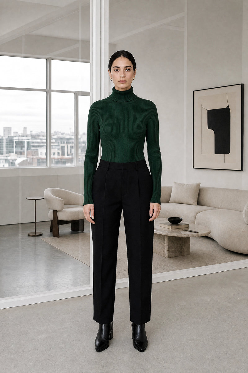 Bonnie | Ribbed Turtleneck Sweater in Green, studio front view