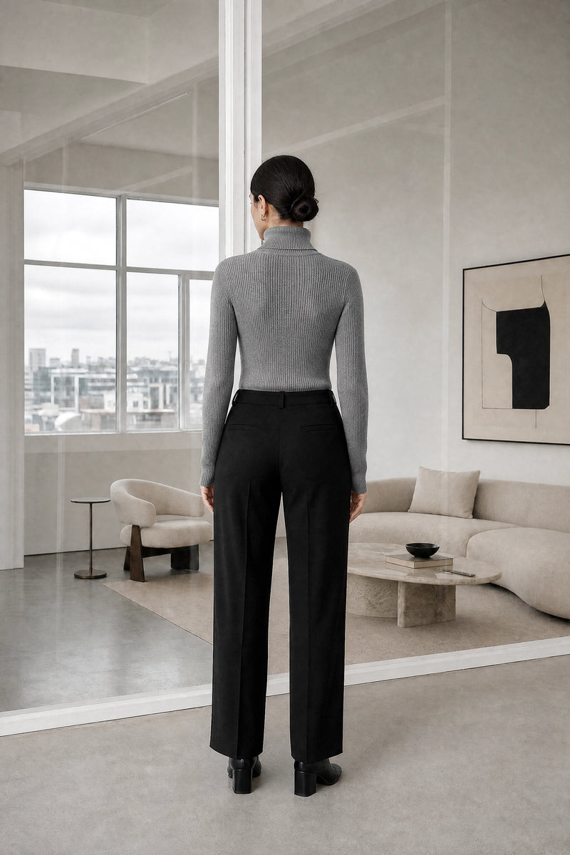 Bonnie | Ribbed Turtleneck Sweater in Grey, studio back view