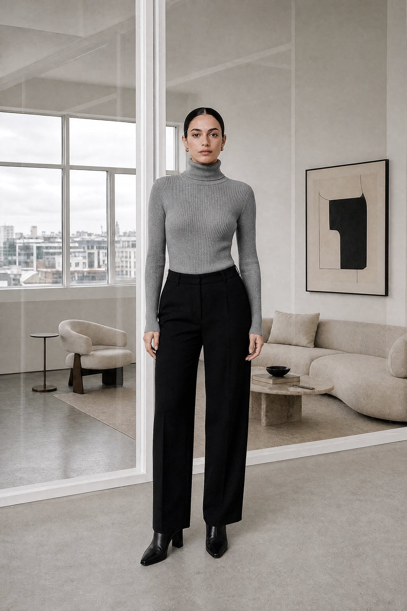 Bonnie | Ribbed Turtleneck Sweater in Grey, studio front view