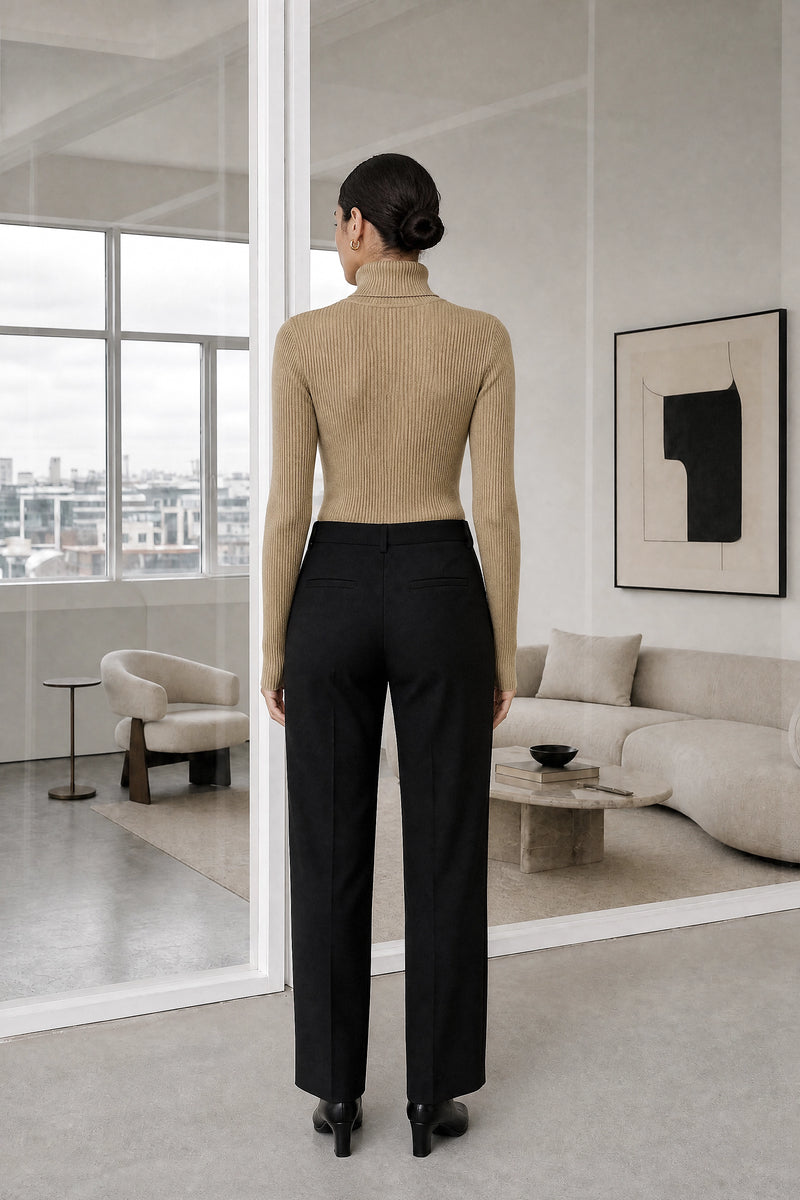 Bonnie | Ribbed Turtleneck Sweater in Khaki, studio back view