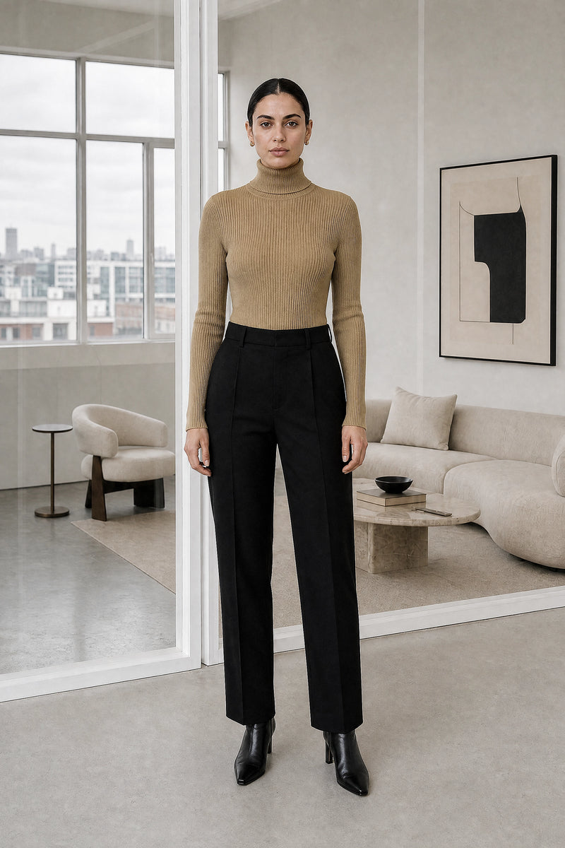 Bonnie | Ribbed Turtleneck Sweater in Khaki, studio front view