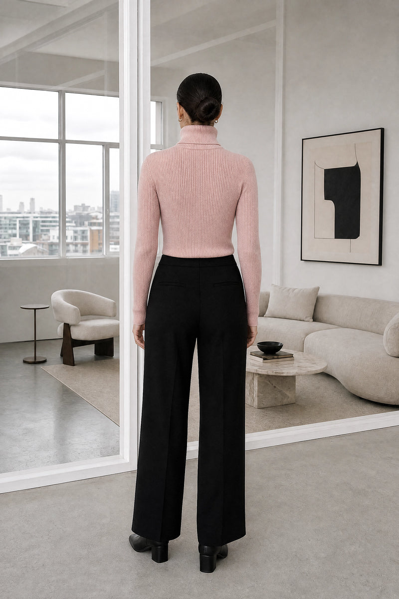 Bonnie | Ribbed Turtleneck Sweater in Pink, studio back view
